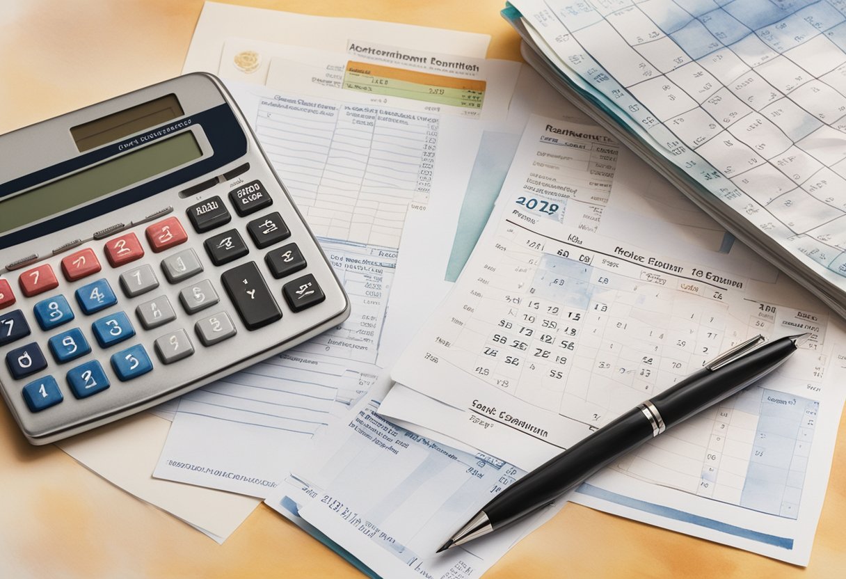 A stack of Social Security documents sits on a desk, with a calculator and retirement planner nearby. A calendar shows years stretching into the future