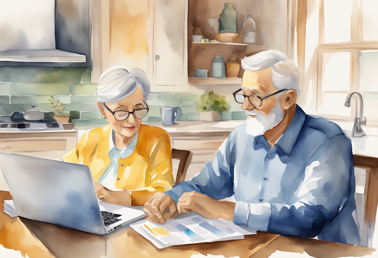 A serene elderly couple sitting at a kitchen table, surrounded by financial documents and a laptop, discussing retirement planning and social security benefits