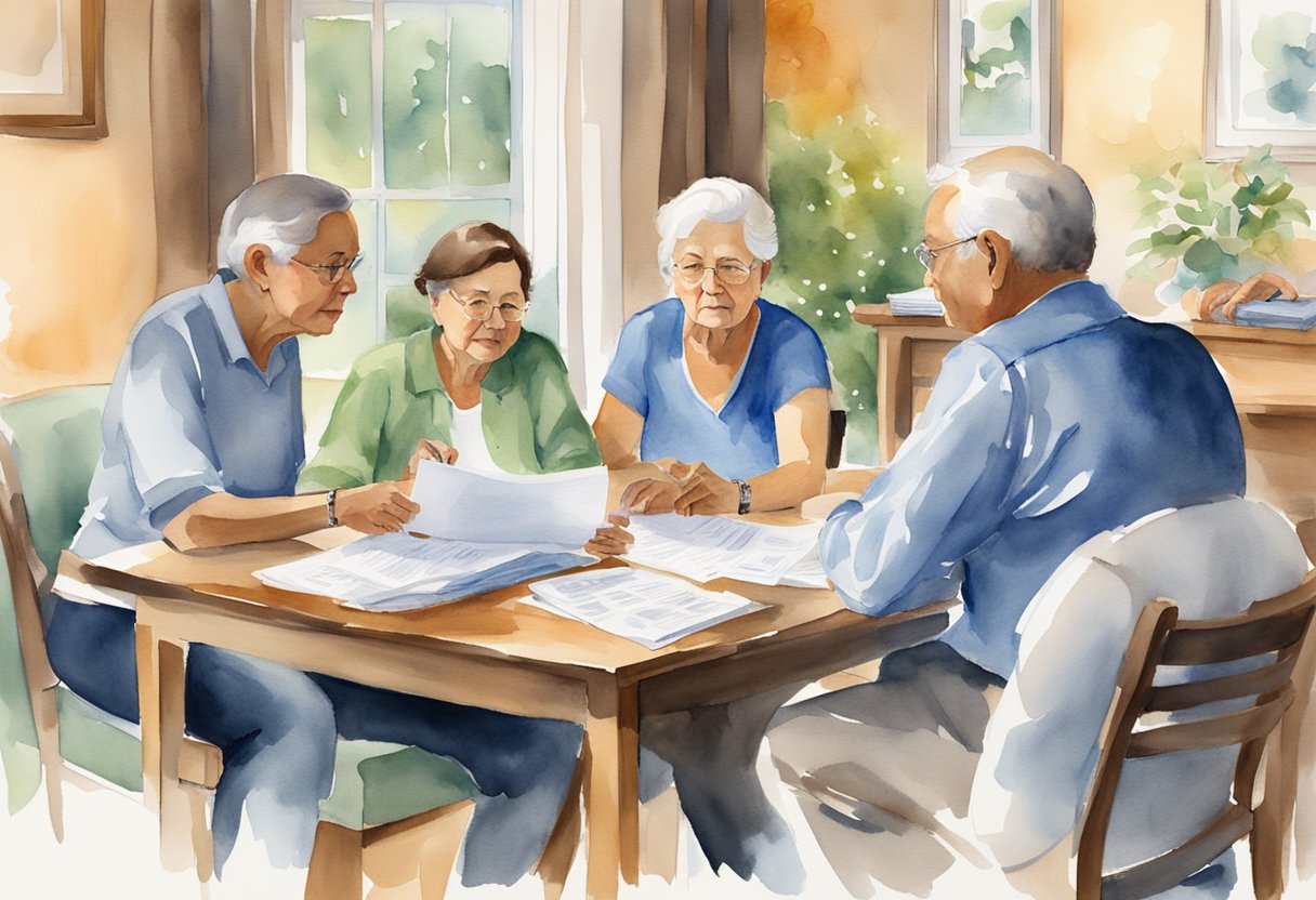 A family sits around a table, discussing the possibility of outliving social security benefits. A concerned survivor looks at financial documents while others engage in conversation