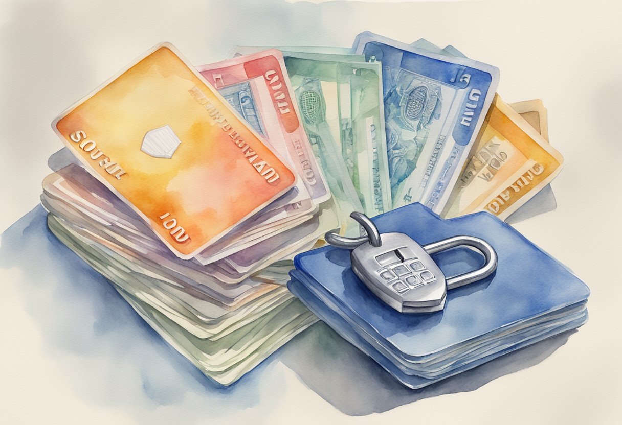 A shield surrounds a stack of Social Security cards, a lock secures them, and a hand gestures a stop sign in front