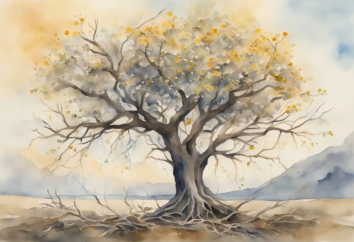 A barren tree with broken branches, surrounded by wilted flowers and empty bird nests, symbolizing the impact of zero earning years on social security