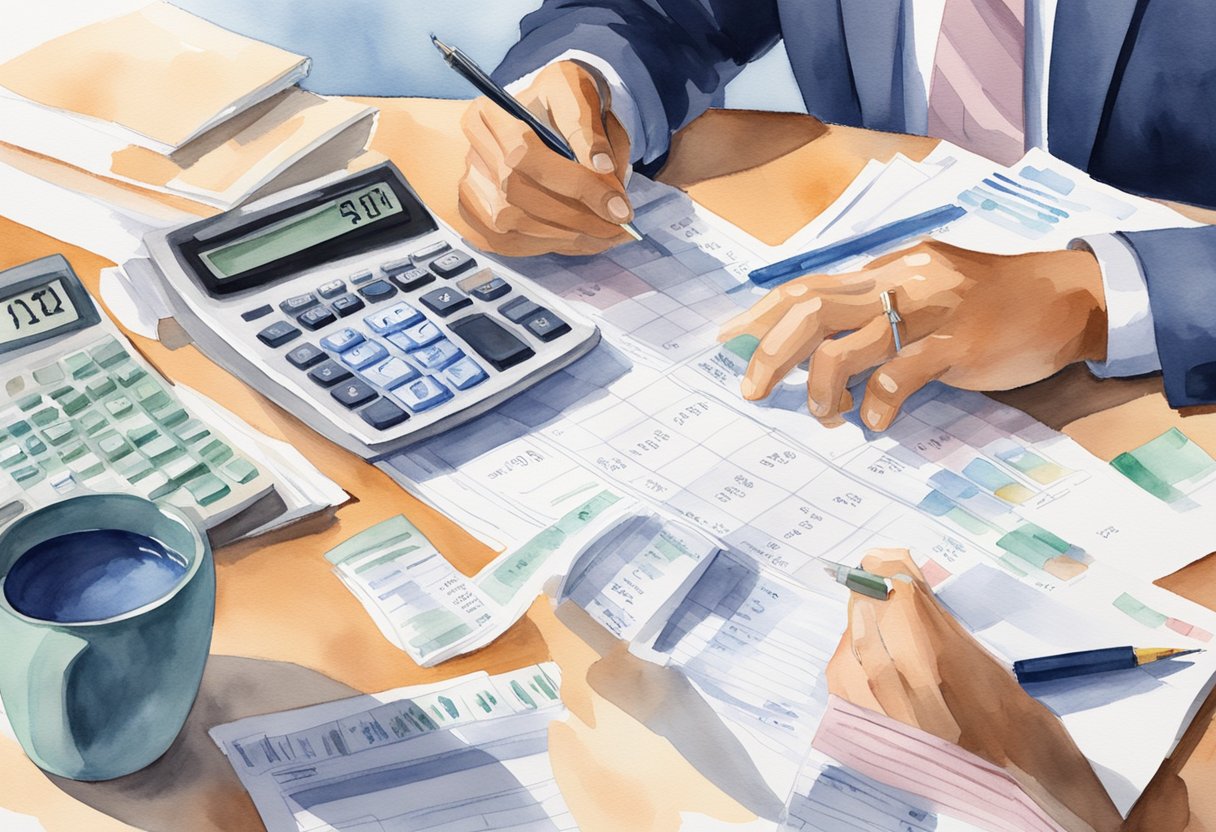 A person sitting at a desk with a calculator, spreadsheets, and financial documents. They are comparing the benefits of taking social security versus withdrawing from a 401k