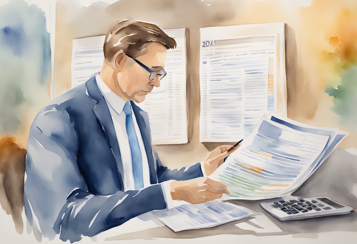 A person reviewing financial documents, comparing social security and 401k options for investment growth and account management