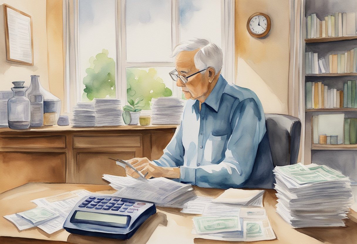 A person considering retirement options, with a scale weighing social security and 401k withdrawal, surrounded by financial documents and calculators