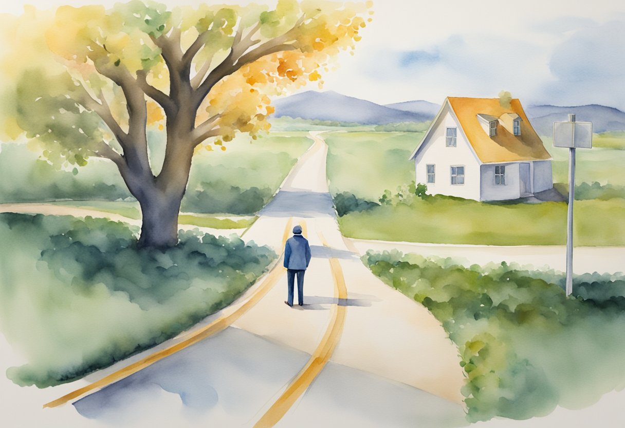 A person stands at a crossroads, with one path leading to a Social Security office and the other to a 401k provider. The person looks contemplative, weighing the decision of which route to take