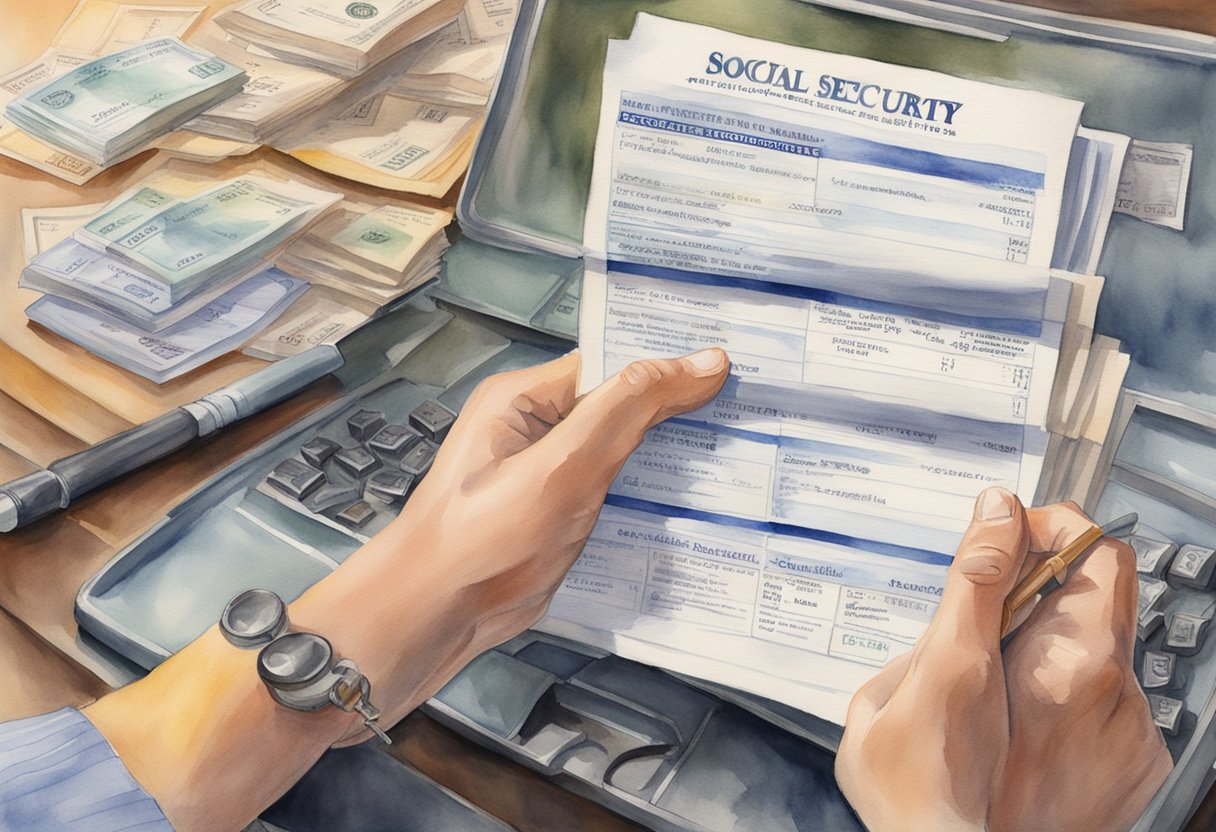 A person reviewing social security rules and timelines, with two separate benefit checks visible