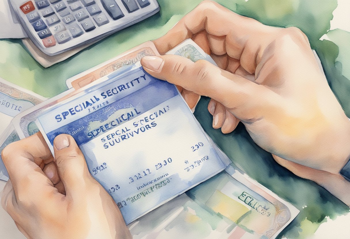 A person holding two social security cards, one for themselves and one for their deceased spouse, while looking at a document with "Special Considerations for Survivors" written on it