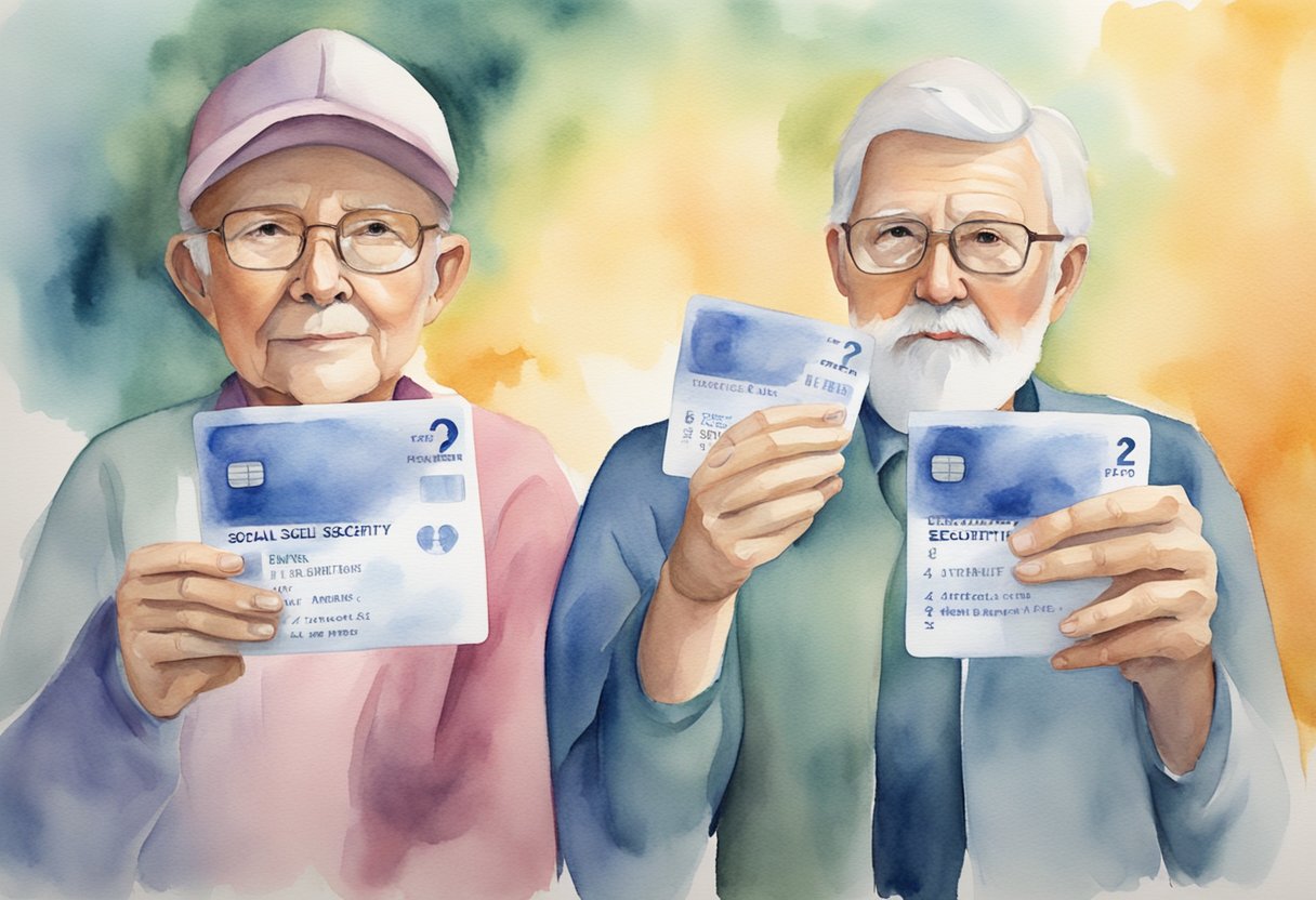 A person holding two social security cards, one for themselves and one for their deceased spouse, with a question mark above their head