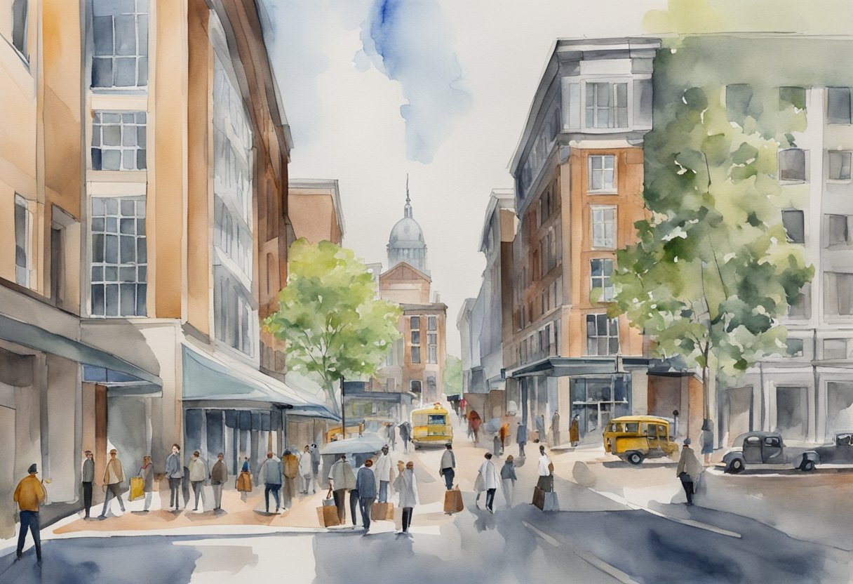 A bustling street in Birmingham, AL, with a mix of historic and modern buildings. People are seen entering and exiting real estate offices, while others are discussing potential investments