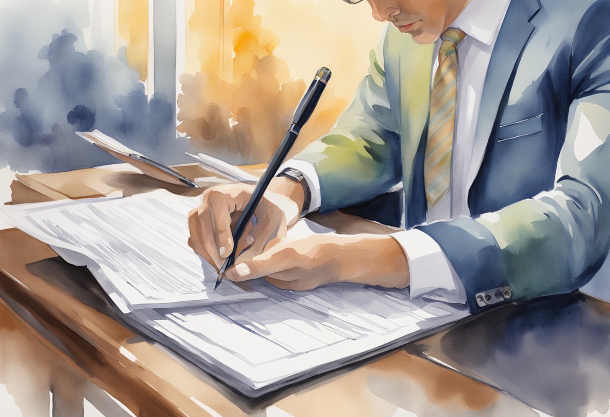 A person signing legal documents while reviewing financial statements for real estate investing in Birmingham, AL