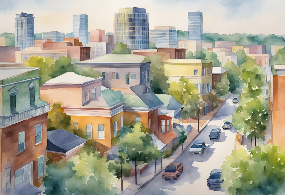 A bustling cityscape with modern buildings and vibrant neighborhoods in Birmingham, Alabama, showcasing the potential for real estate investment