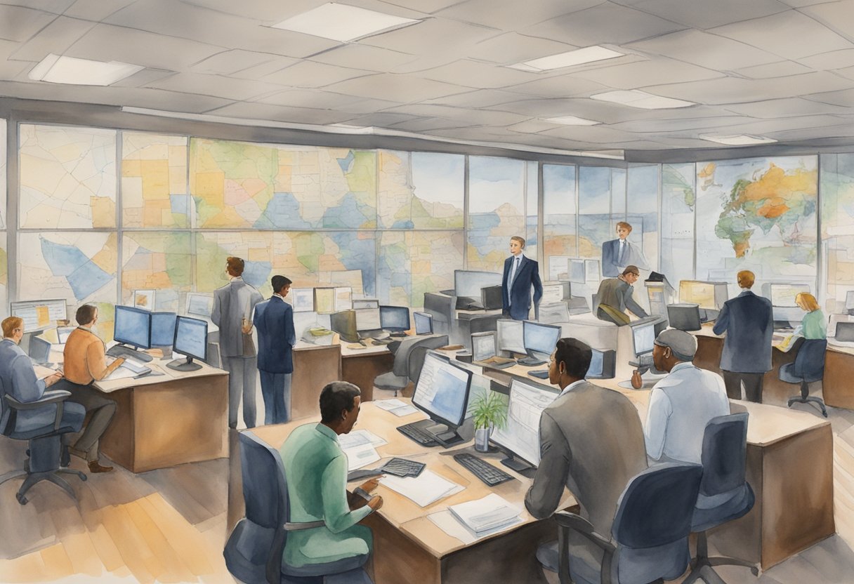 A bustling real estate office in Birmingham, AL, with agents fielding questions from potential investors. Maps and property listings cover the walls, while the phones ring off the hook