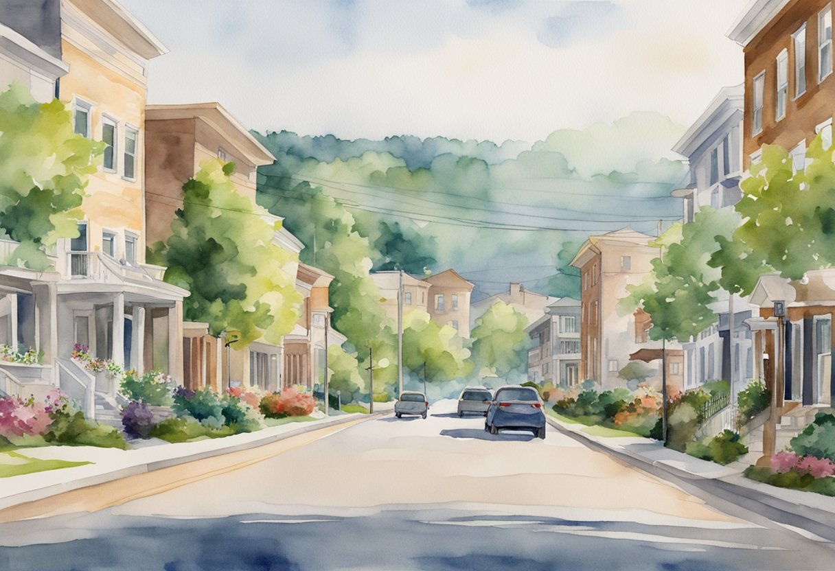 A bustling Huntsville street lined with diverse real estate properties, from quaint suburban homes to modern high-rise buildings