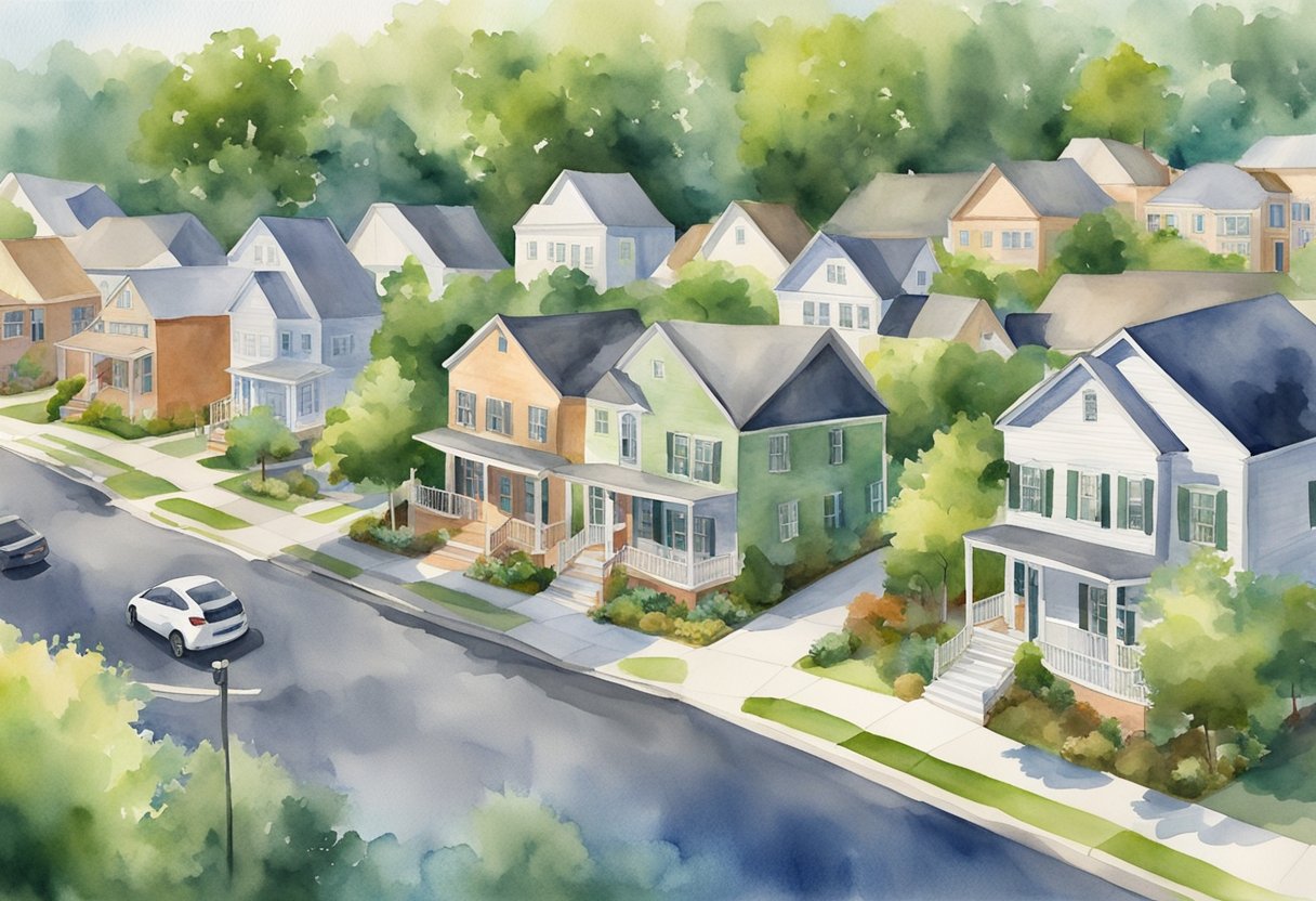 A bustling neighborhood in Huntsville, AL with diverse homes, local businesses, and green spaces, showcasing the positive impact of real estate investing on the community