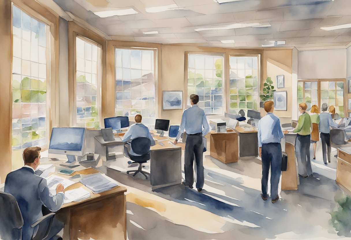 A bustling real estate office in Huntsville, AL, with people discussing investment opportunities and browsing through property listings