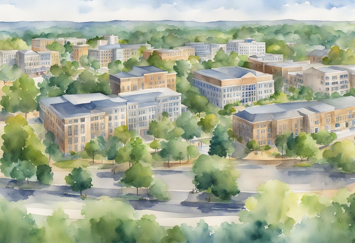 Aerial view of Tuscaloosa with various real estate properties, including residential and commercial buildings, surrounded by greenery and located near amenities
