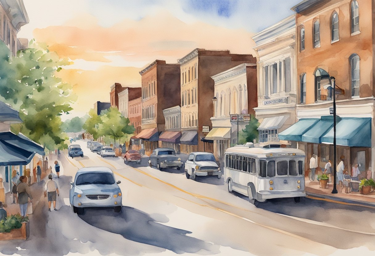 A bustling downtown street in Tuscaloosa, Alabama, with a mix of historic buildings and modern developments, showcasing the diverse real estate investment opportunities in the area
