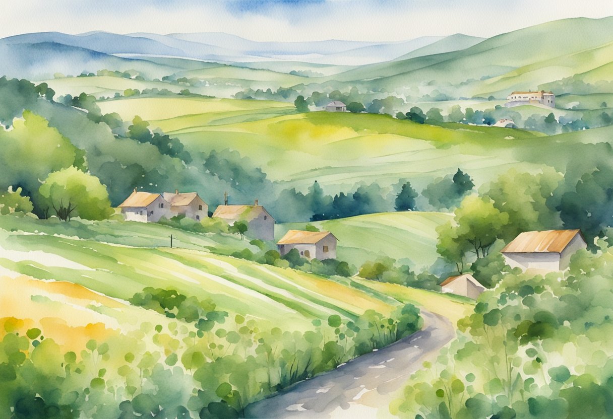 A vast countryside landscape with rolling hills and lush greenery, dotted with scattered properties and real estate signs