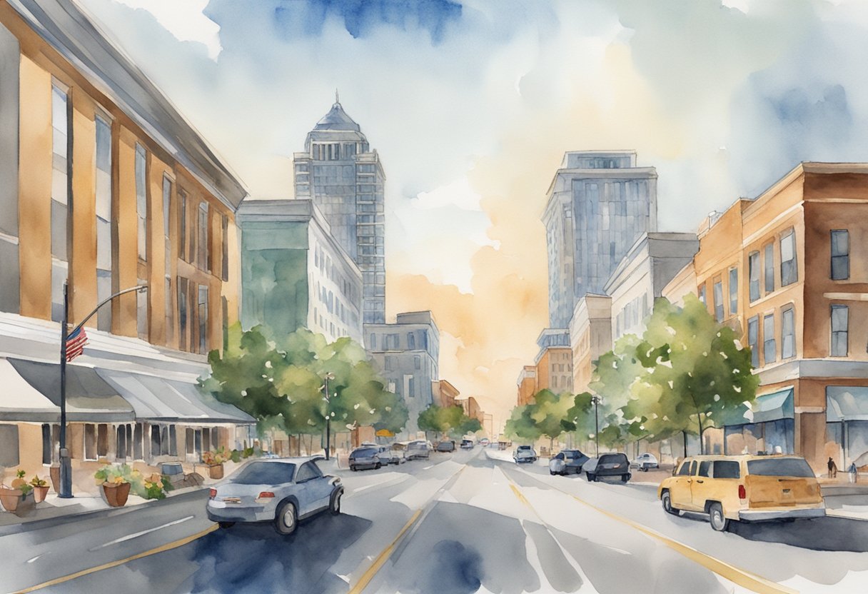 A bustling cityscape in Tuscaloosa, Alabama, with modern high-rise buildings and busy streets, showcasing the thriving real estate investment opportunities in the area