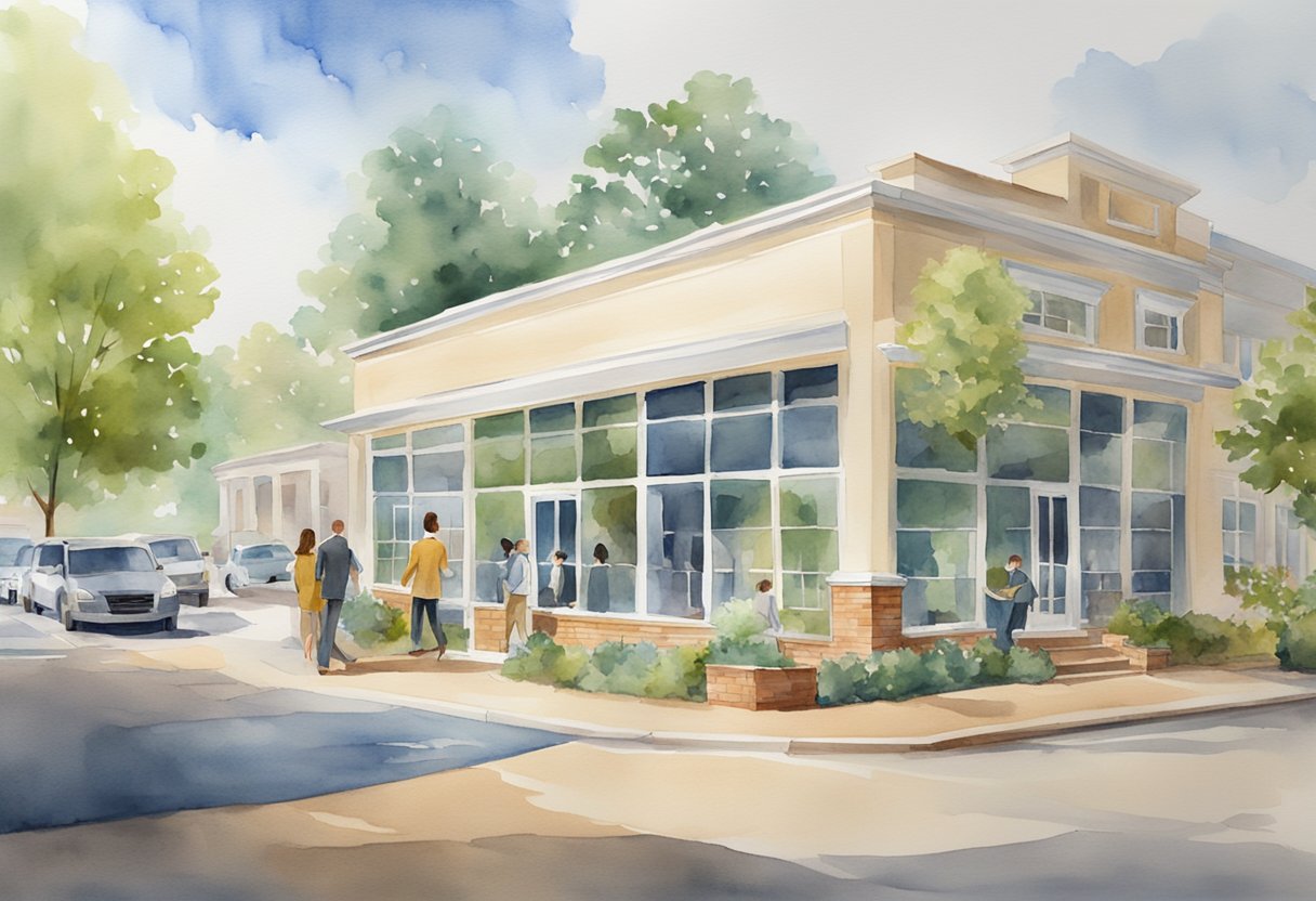 A bustling real estate office in Tuscaloosa, Alabama, with clients and agents discussing investment opportunities, flipping properties, and rental income