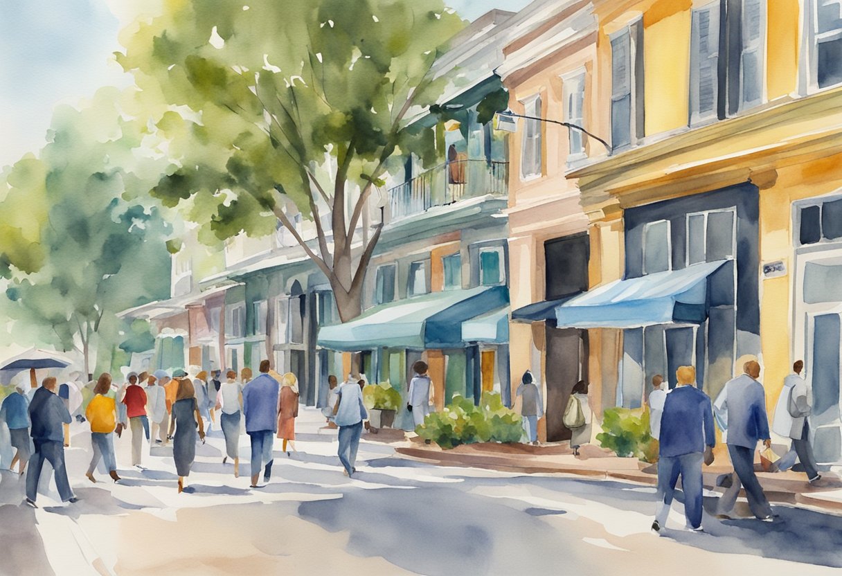 A bustling street in Mobile, AL with people entering and exiting real estate offices. Vibrant "For Sale" signs line the sidewalks, while investors discuss potential properties