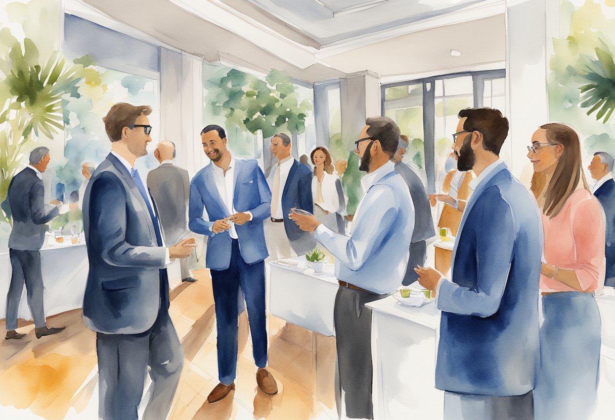 A group of professionals engage in networking at a real estate event in Mobile, Alabama. They discuss investment opportunities and exchange business cards