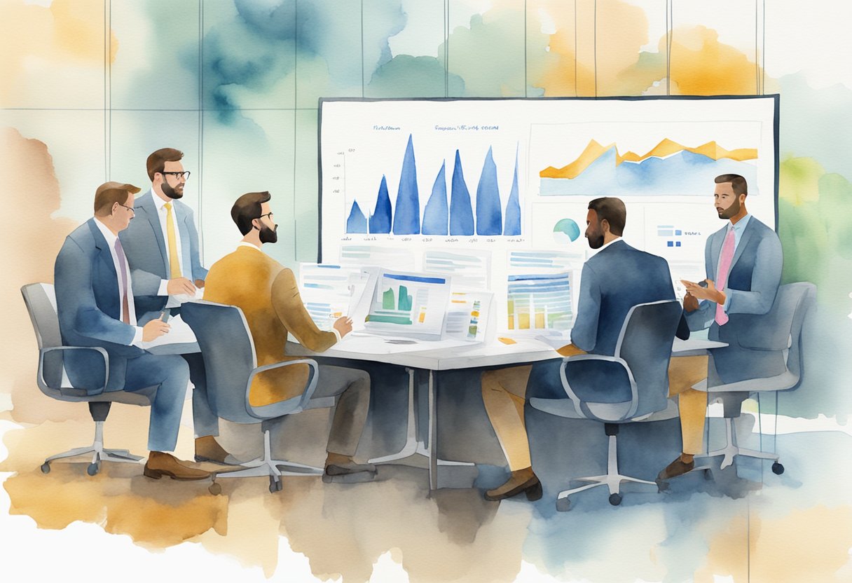 A group of investors discussing real estate opportunities in Mobile, AL, with charts and graphs displayed on a large screen