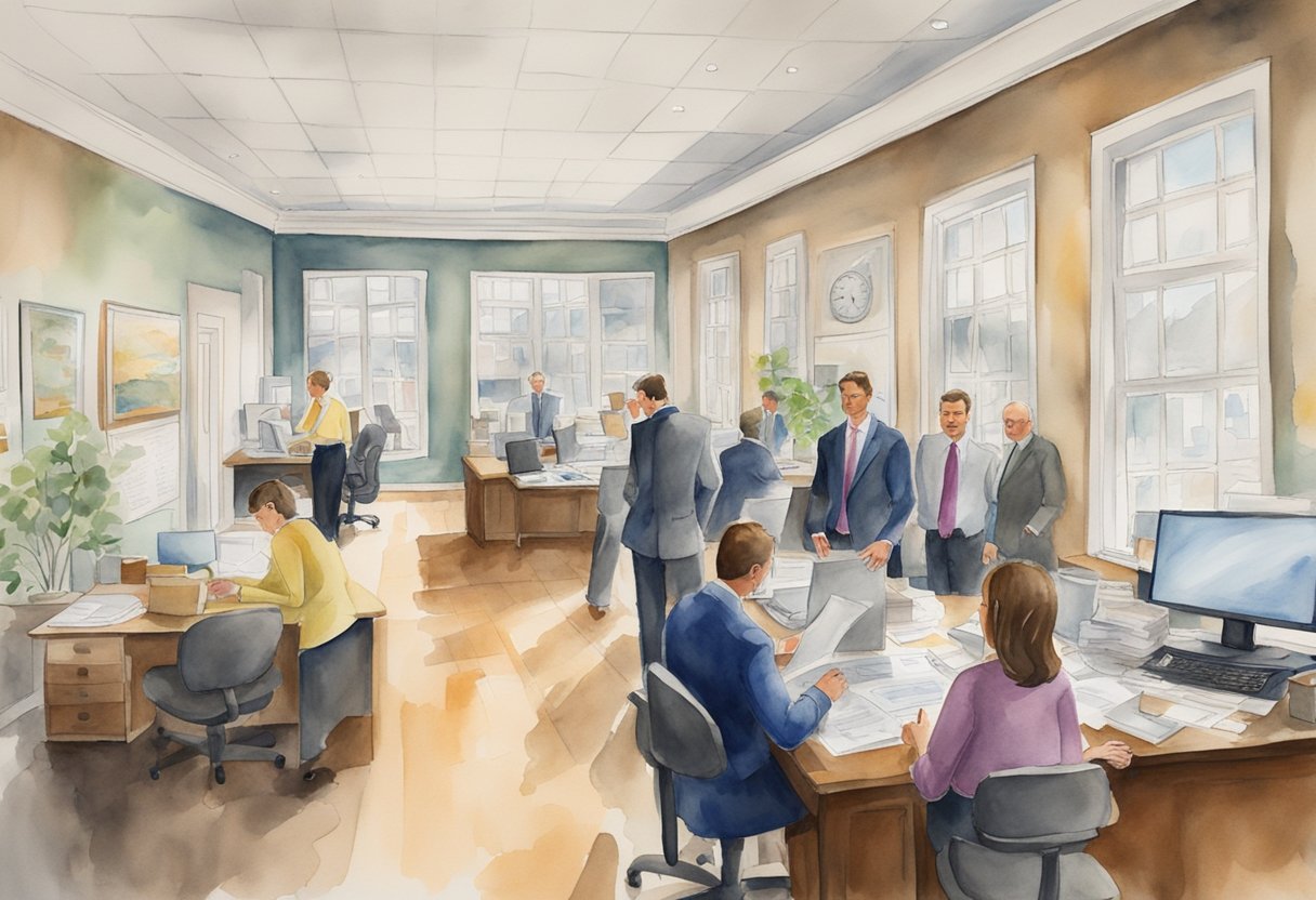 A bustling real estate office in Mobile, AL, with agents fielding questions from potential investors. Maps and property listings cover the walls
