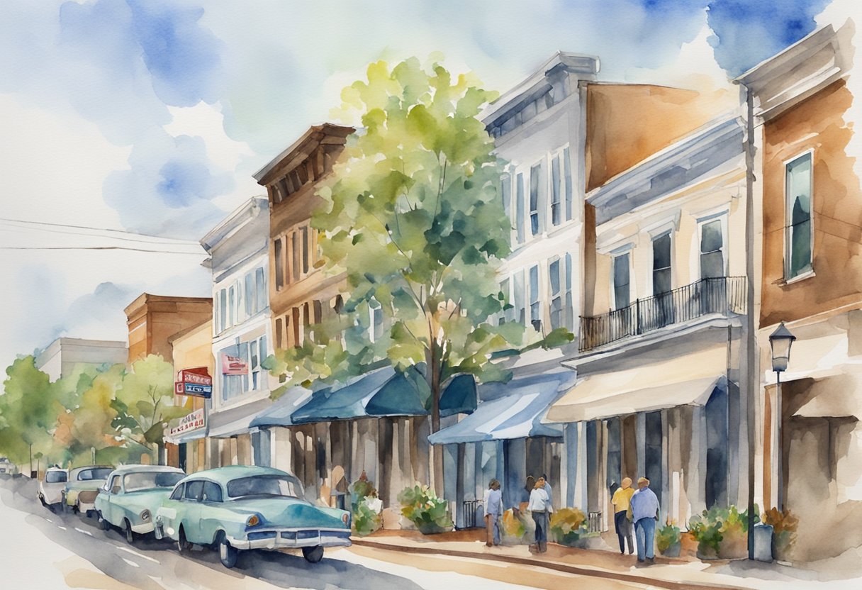 A bustling street in Montgomery, AL with "For Sale" signs on various properties, investors chatting with real estate agents, and a mix of residential and commercial buildings
