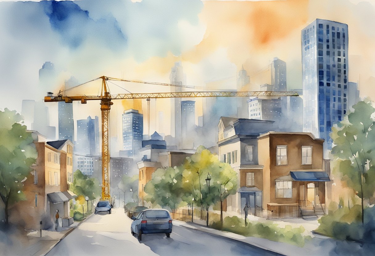 A bustling cityscape with rising property values, construction cranes, and financial charts in the background, representing the economic indicators affecting real estate investment in Montgomery, AL
