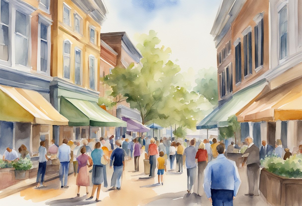 A bustling real estate market in Montgomery, AL. Buyers and sellers engage in negotiations, with properties changing hands and investment opportunities abound