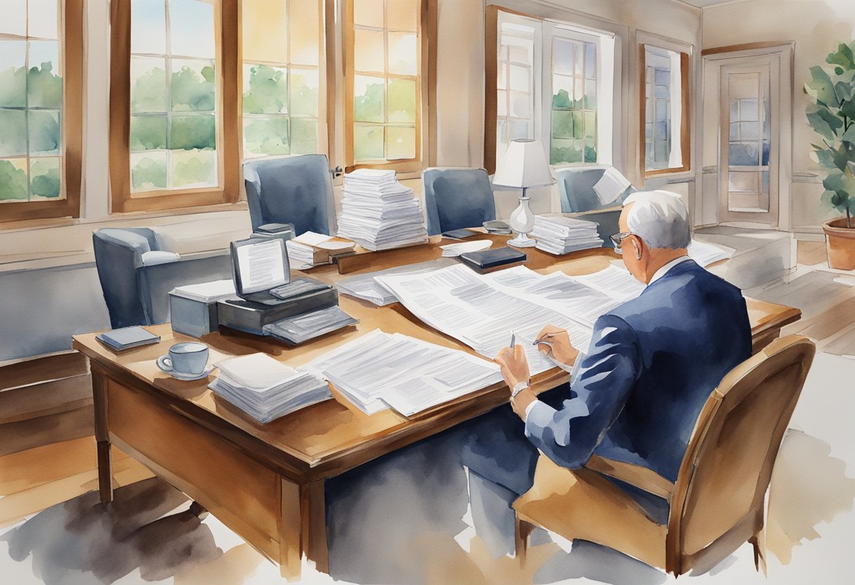 An investor reviews legal and tax documents on a desk in Montgomery, AL. Real estate properties are depicted in the background