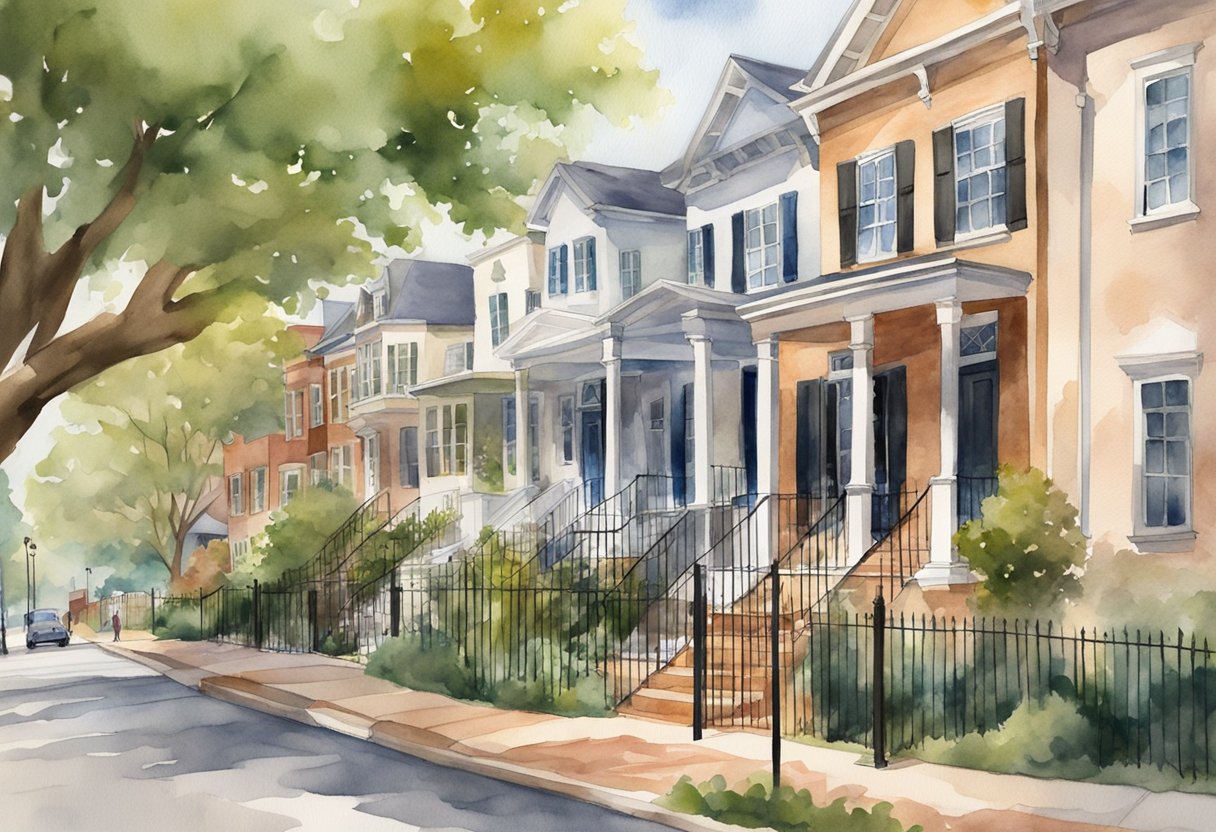 Auburn, AL: A row of houses with "For Sale" signs, a bustling downtown, and a university campus in the background