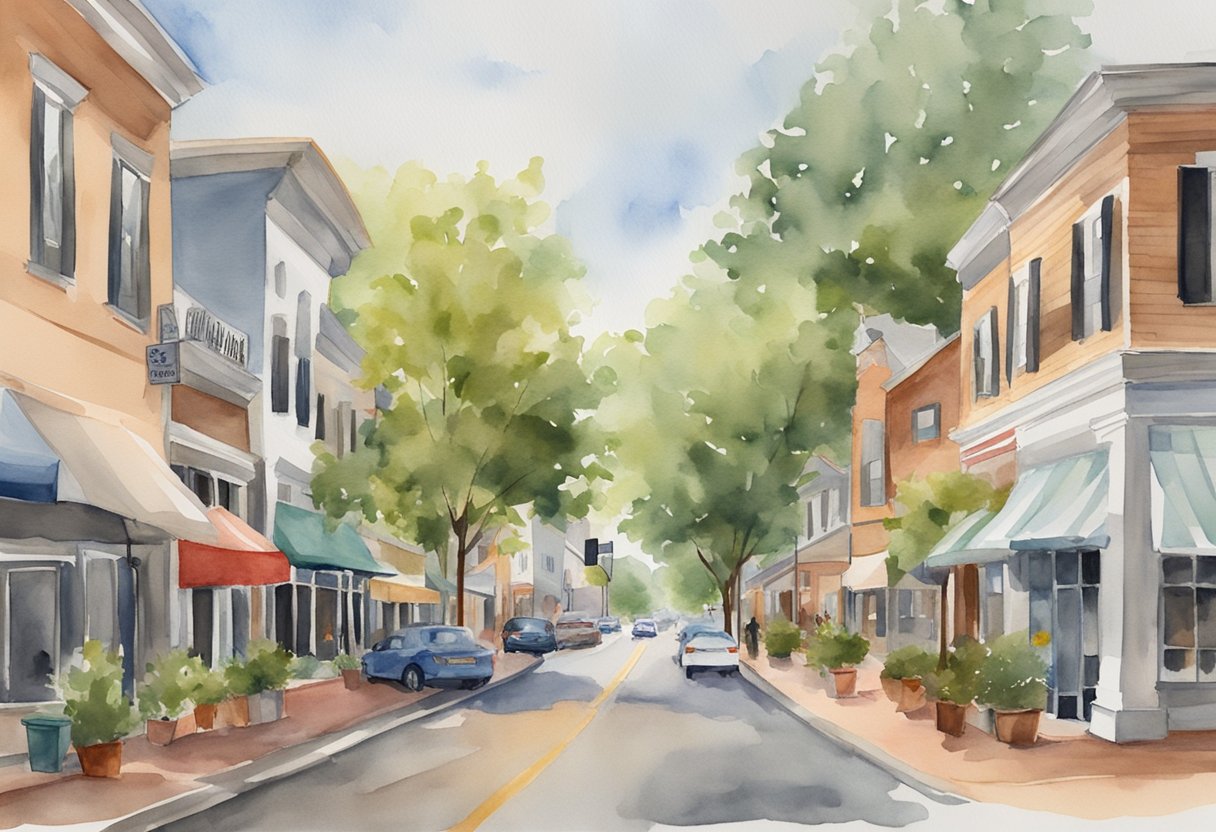 A bustling street in Auburn, AL, with a mix of residential and commercial properties. Signs advertising various investment strategies and property types line the sidewalks