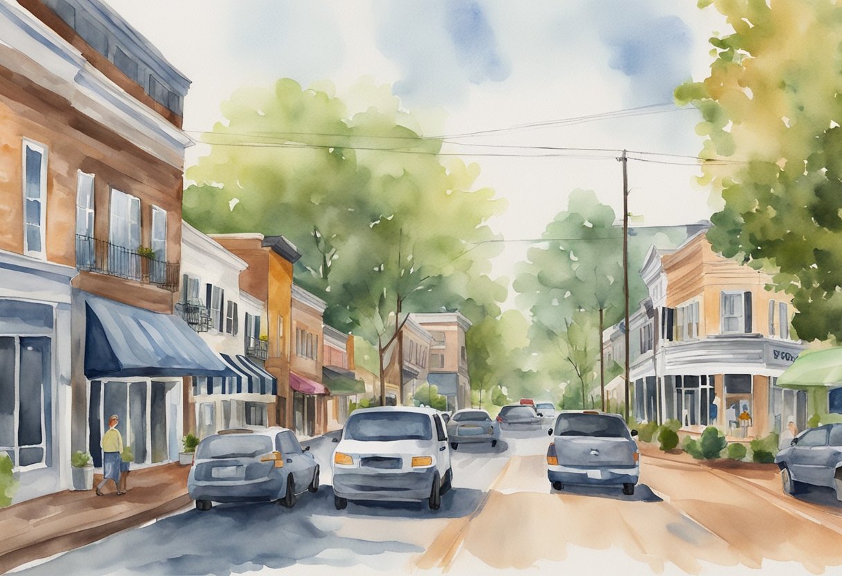 A bustling street in Auburn, AL with various real estate investment properties, including homes, apartments, and commercial buildings. Signs advertise rental rates, property management services, and investment opportunities