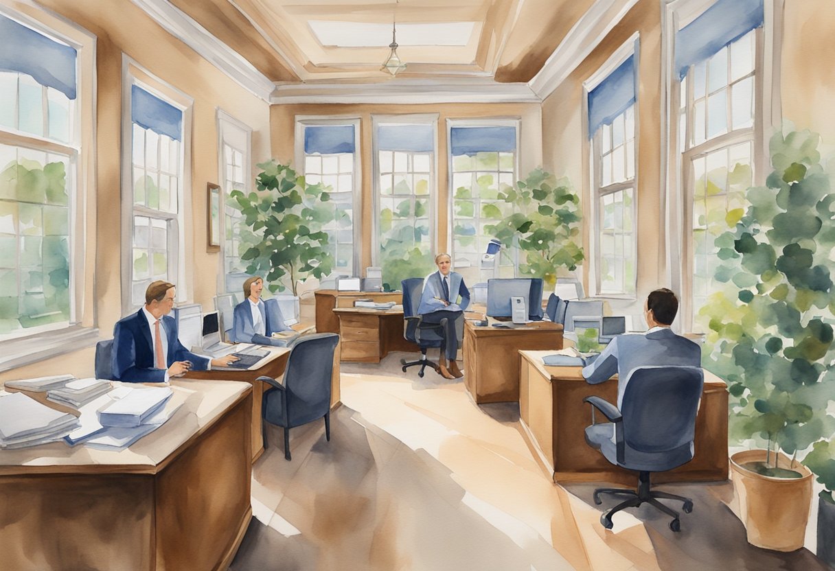 A bustling real estate office in Auburn, AL with agents discussing investment opportunities and flipping properties. The walls are adorned with local property listings and success stories