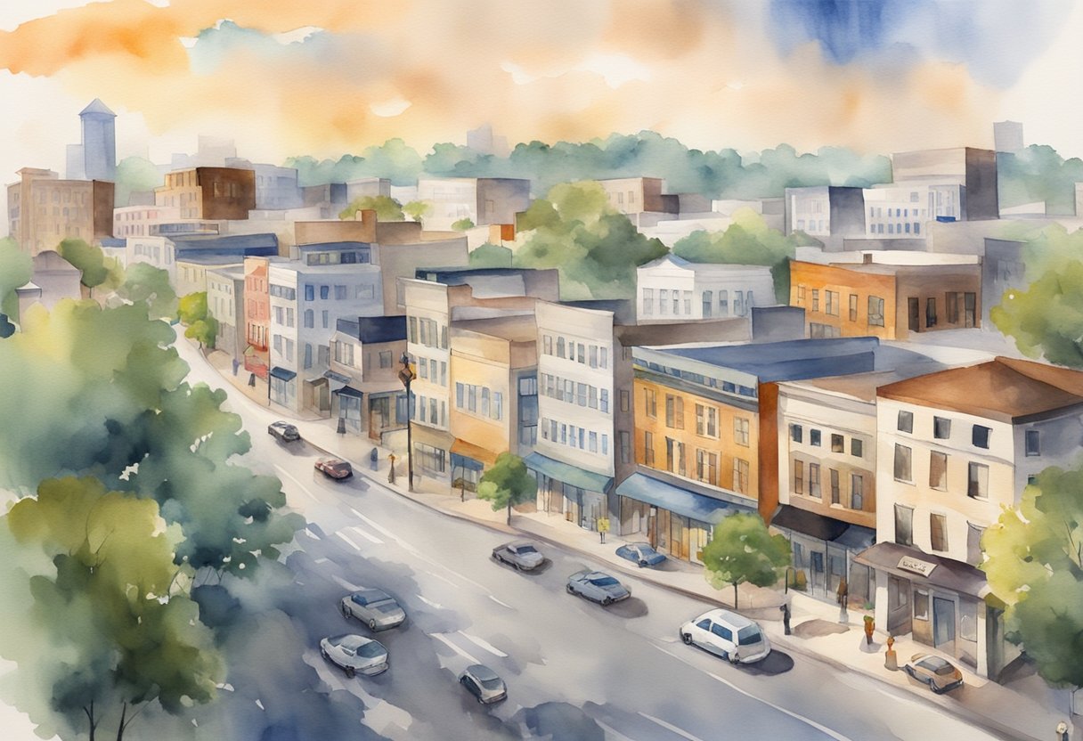 A bustling cityscape with various real estate properties in Auburn, AL, surrounded by legal and regulatory documents and signs