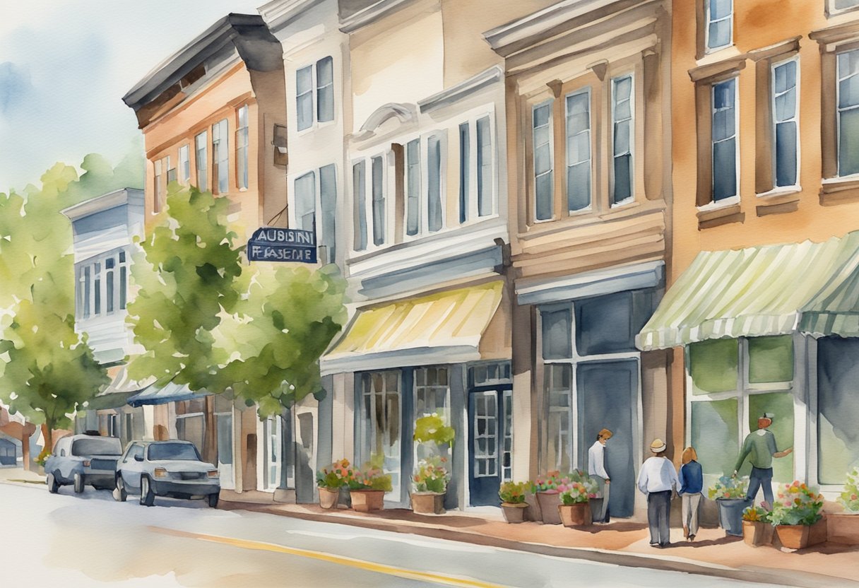 A bustling street in Auburn, AL with a mix of residential and commercial properties. A "Frequently Asked Questions" sign stands outside a real estate office