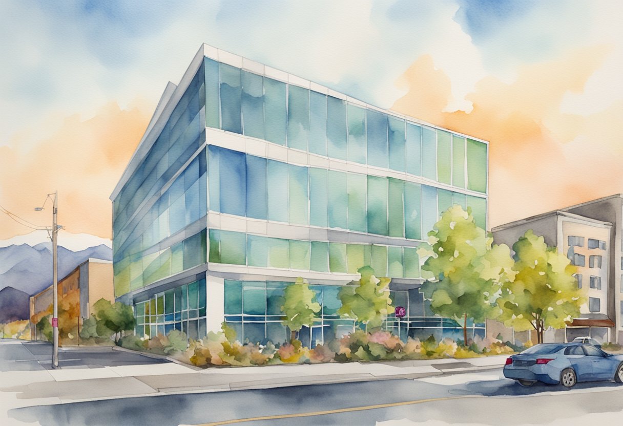 A modern office building in Anchorage, AK with a "For Sale" sign out front and a bustling real estate market
