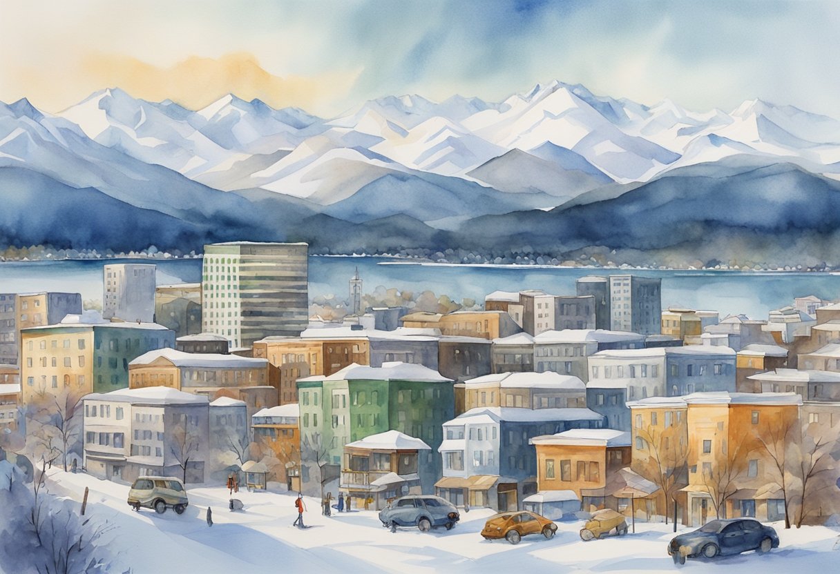 A bustling city skyline with a mix of residential and commercial buildings, surrounded by snow-capped mountains and a bustling port, showcasing the diverse investment opportunities in Anchorage real estate