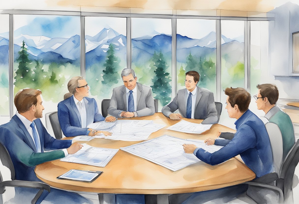 Professionals discussing real estate investments in Anchorage, AK. Charts, graphs, and maps displayed on a conference room table