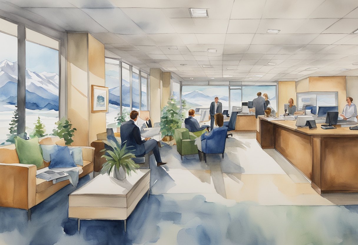 A bustling real estate office in Anchorage, AK, with agents and clients discussing investment opportunities, while brochures and flyers are scattered across the reception desk