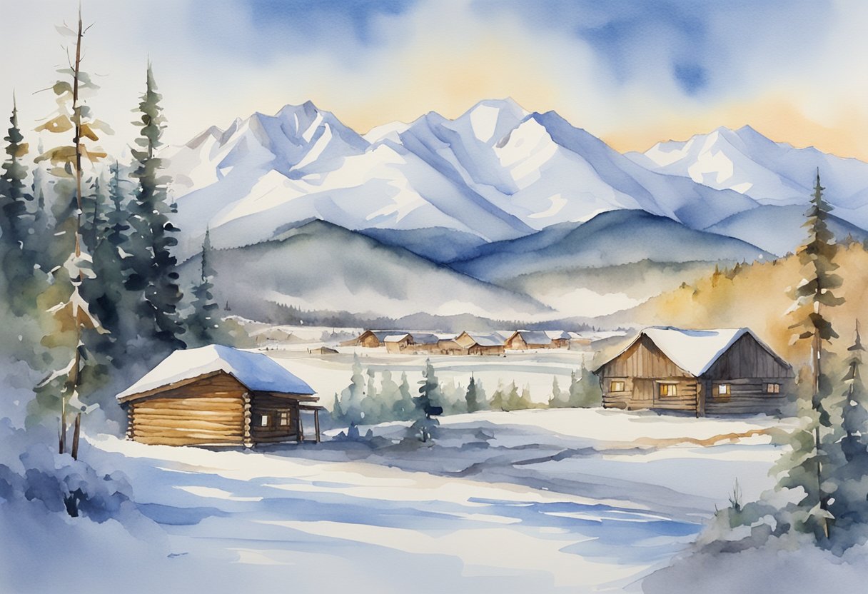A snowy landscape with log cabins and a mountain backdrop, showcasing real estate investing in Fairbanks, AK