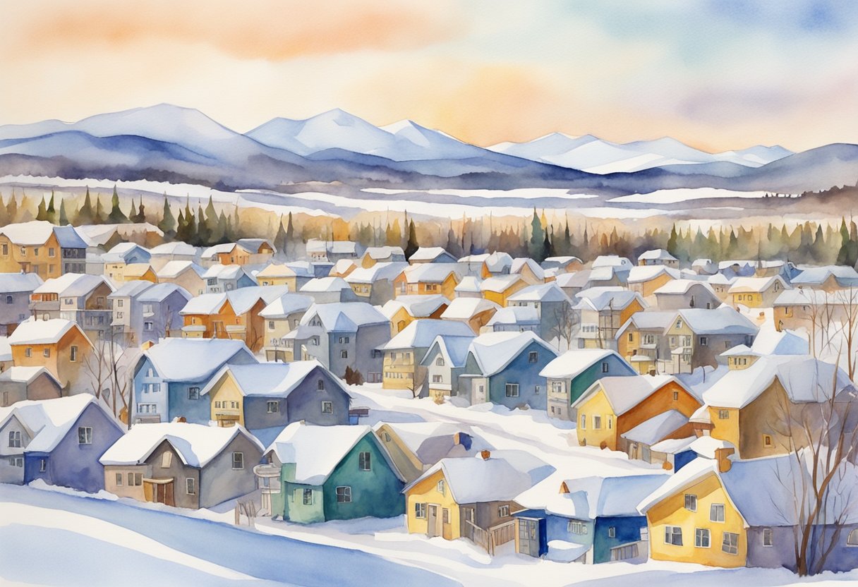 A snowy Fairbanks landscape with rows of rental properties and for sale signs, showcasing real estate investment opportunities in Alaska