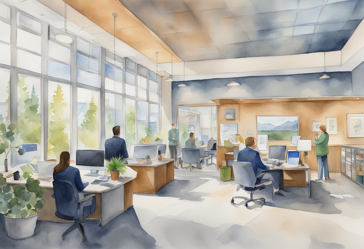 A bustling real estate office in Fairbanks, AK, with clients and agents discussing investment opportunities and browsing through property listings