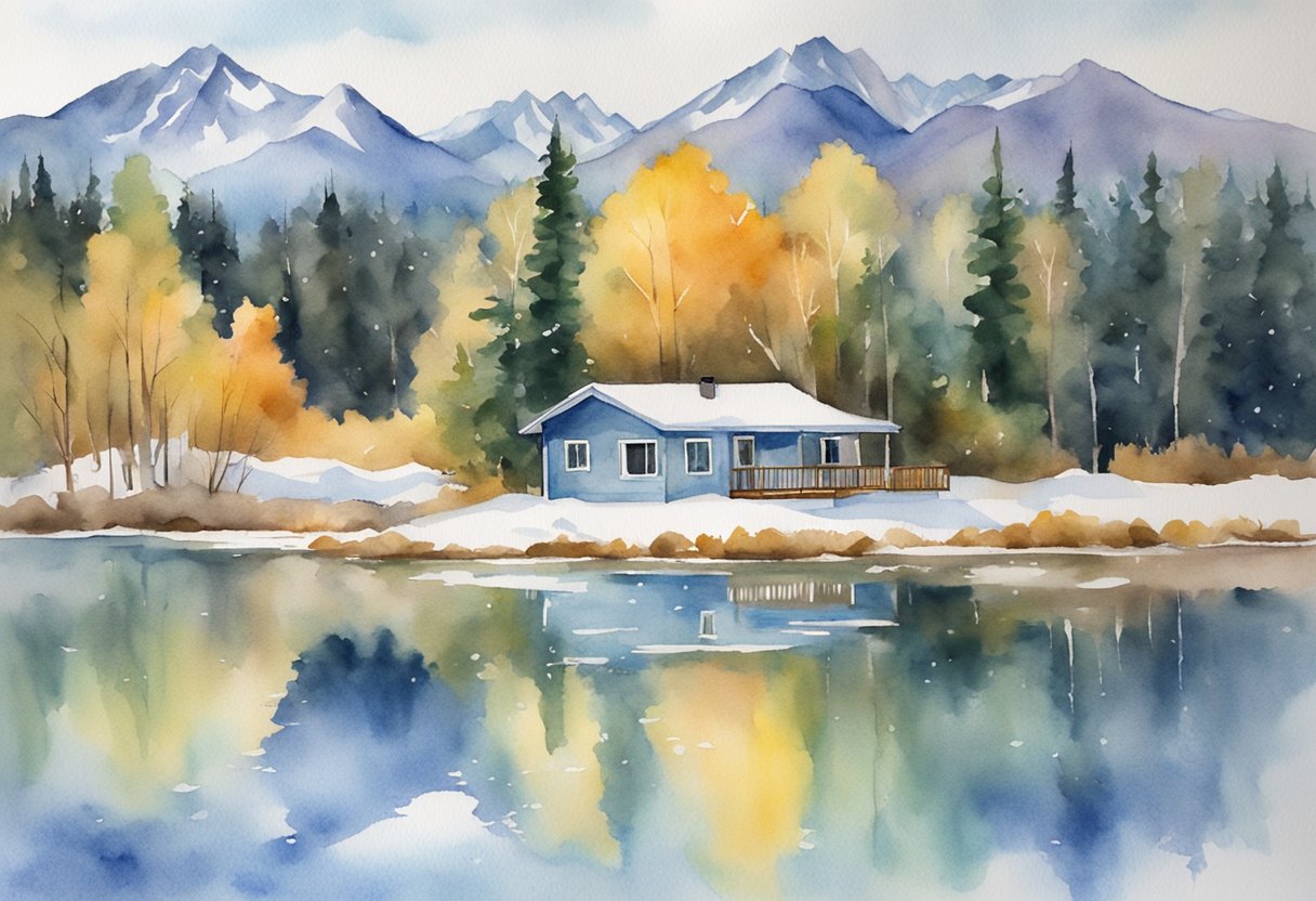 A house in Wasilla, AK with a "For Sale" sign, surrounded by snowy mountains and a serene lake