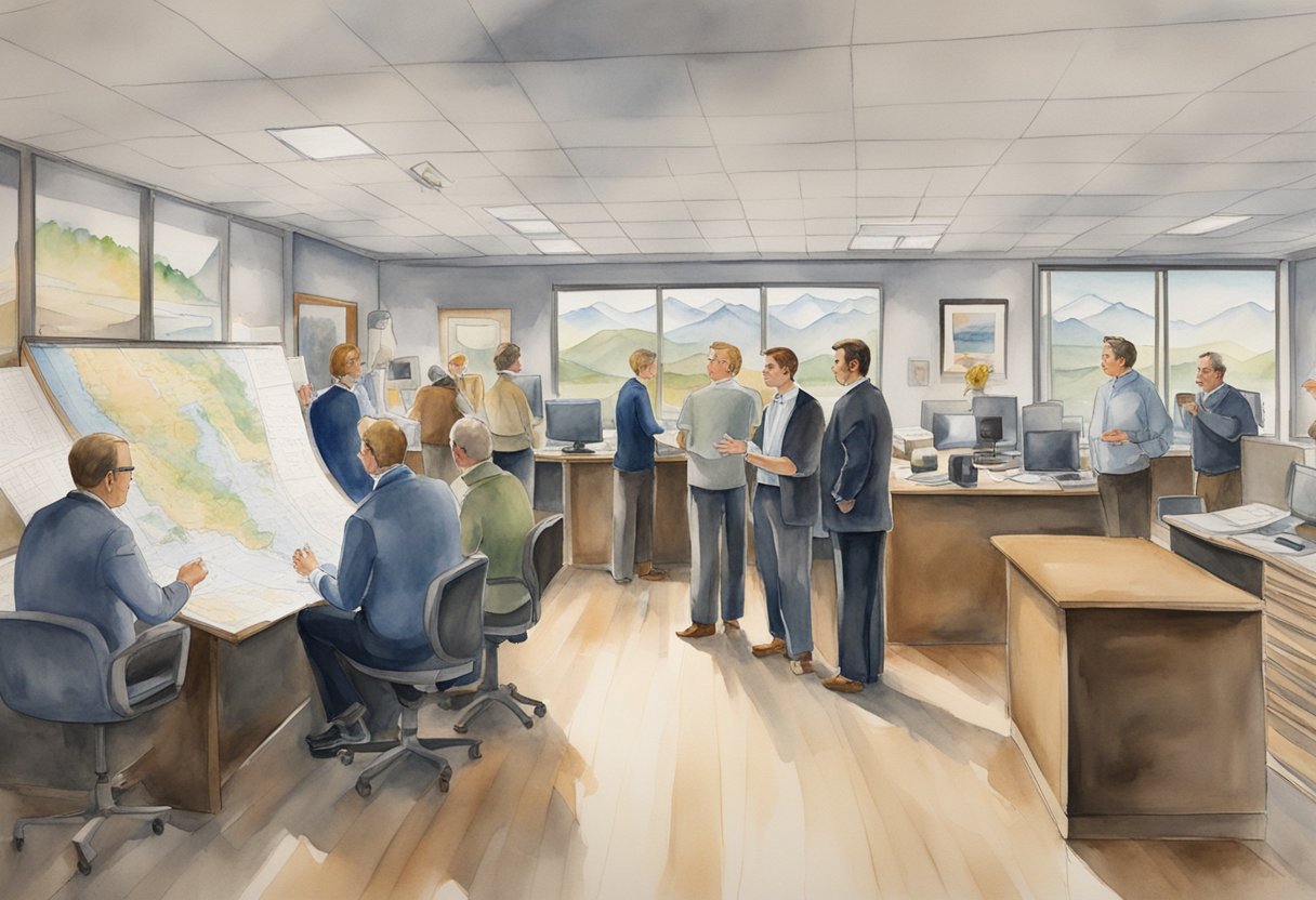 A bustling real estate office in Wasilla, Alaska, with agents discussing property listings and market trends. A large map of the area hangs on the wall, while clients eagerly await their turn to speak with an agent