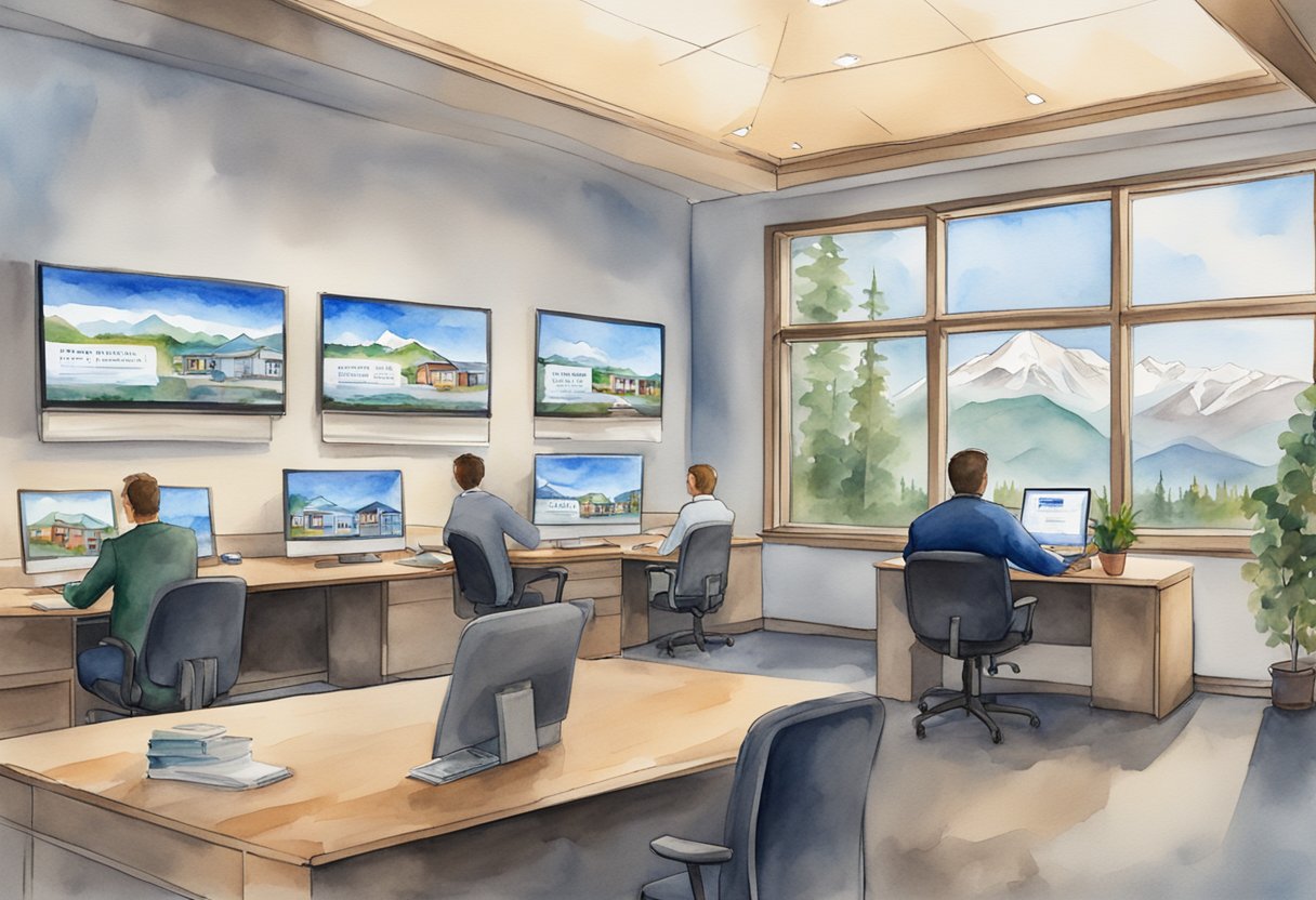 A bustling real estate office in Wasilla, AK, with property listings displayed on digital screens and agents assisting clients with real estate investing services