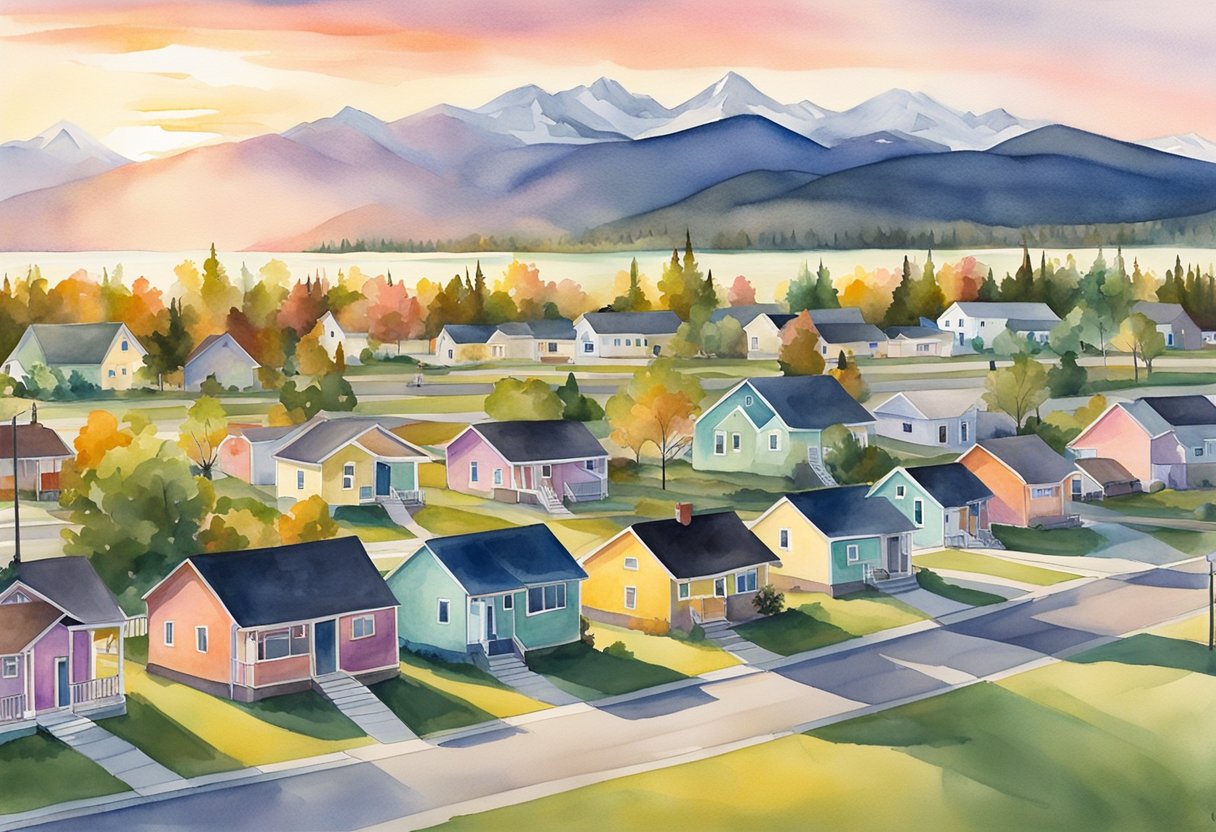 The sun sets over a quiet Wasilla neighborhood, with colorful houses and well-kept lawns. Nearby, a school stands tall, bustling with activity