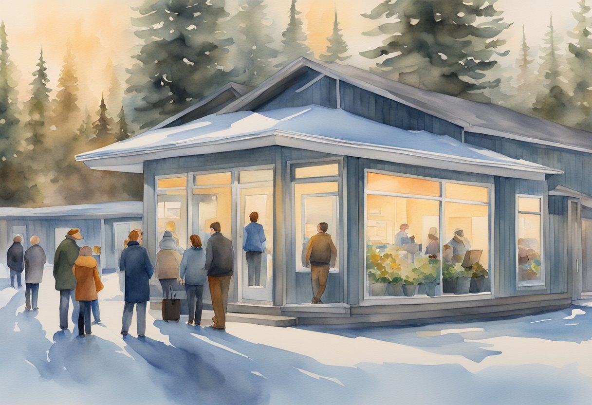 A bustling real estate office in Wasilla, AK, with clients and agents discussing investment opportunities and browsing property listings